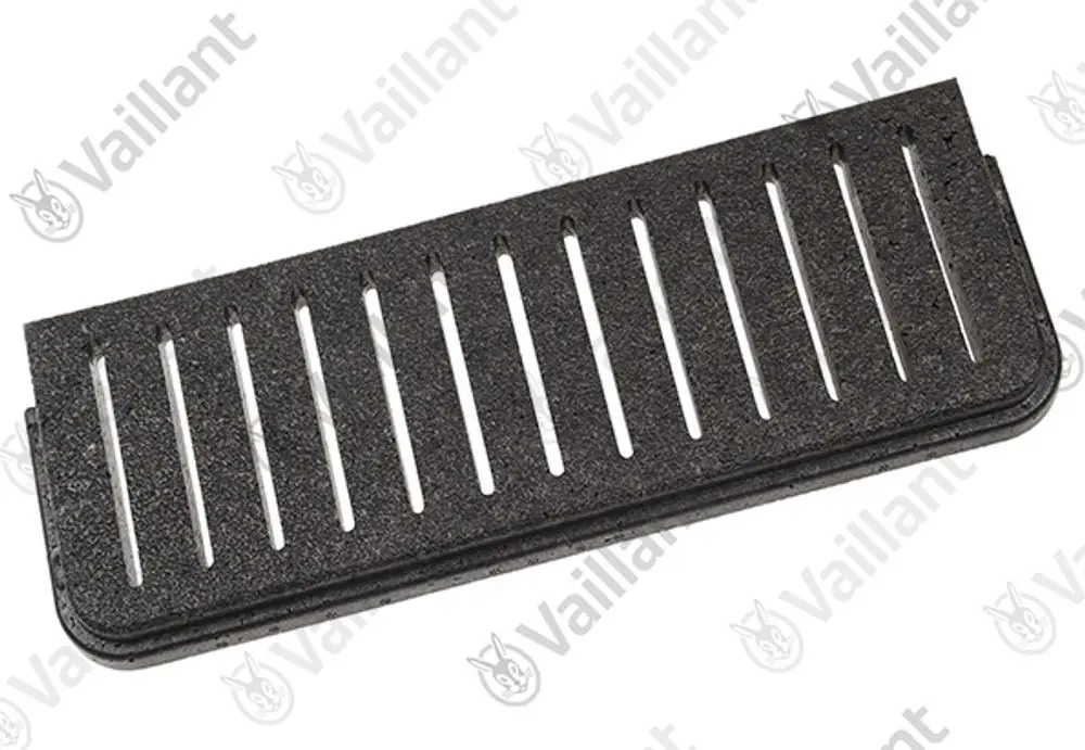 Vaillant Produkt: Abdeckung für Pumpe, rechteckige Form mit parallel angeordneten Schlitzen, in dunkler Farbe.